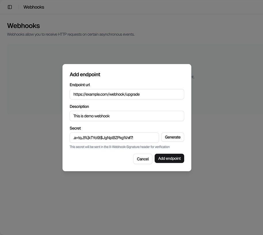 Webhook Setup Dashboard