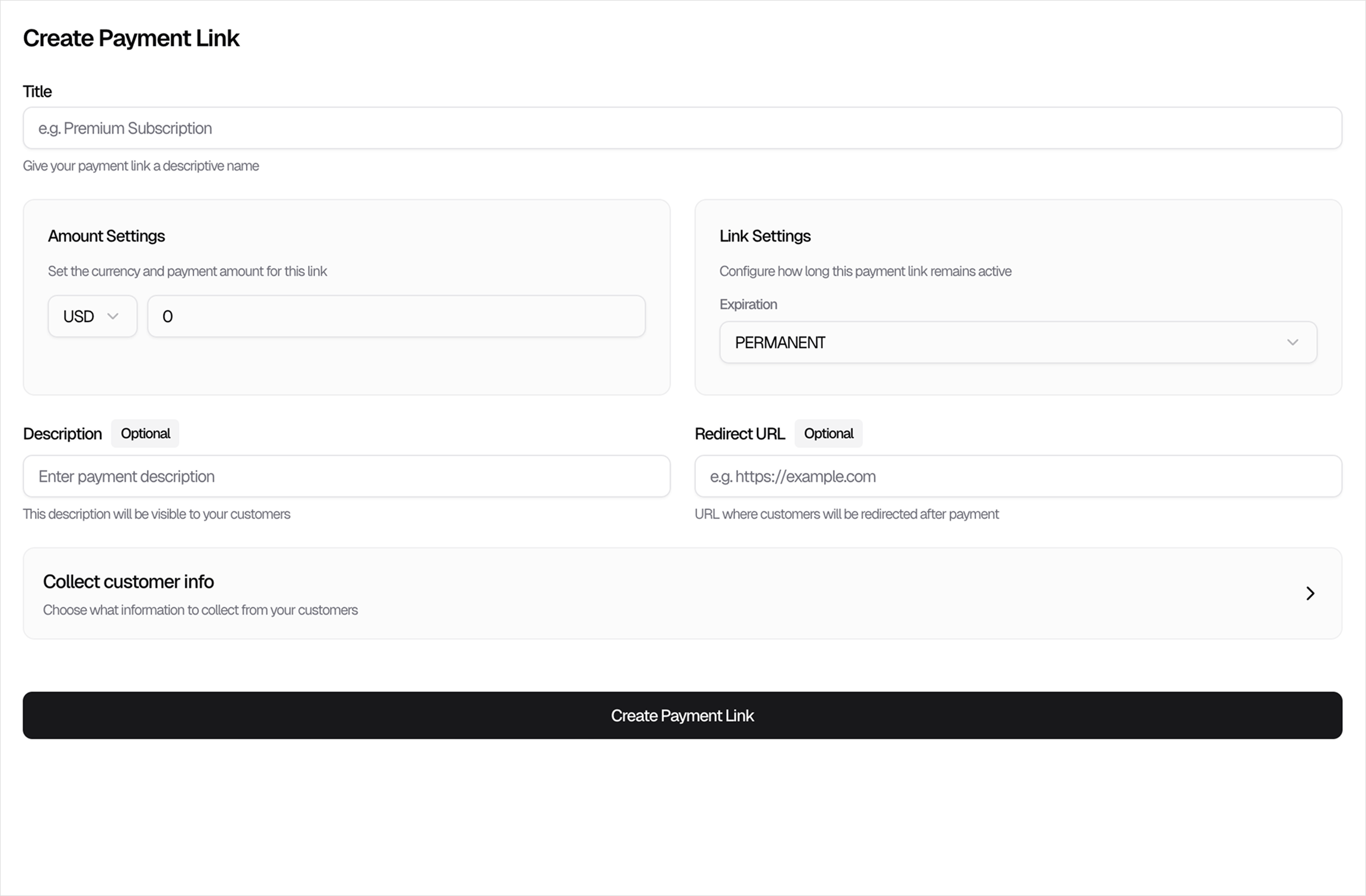 Create Payment Link Dashboard